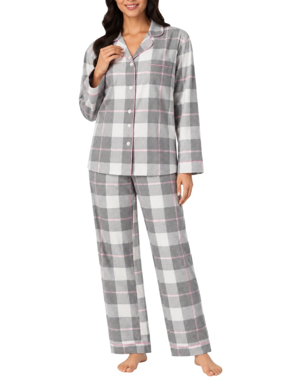 BedHead Flannel Plaid Pajama Set 100% Cotton Pink, Grey, White Medium